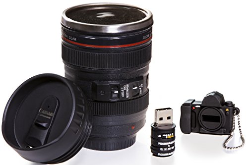 Camera Lens Coffee Mug, 13.5 Oz :: Exact Replica of Canon EF 24-105mm Lens :: Comes with 16GB USB Flash Drive :: Durable PVC & Stainless Steel :: Great Gift Set for Photographers by Indie Camera Gear