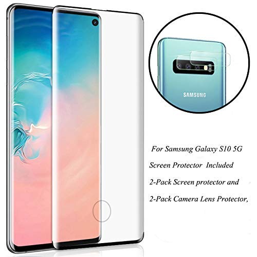 Galaxy S10 5G (6.7”) Screen Protector with Camera Lens Protector,[Case Friendly][9H Hardness][Fingerprint Unlocking][Bubble-Free] Tempered Glass Screen Protector for Samsung Galaxy S10 5G