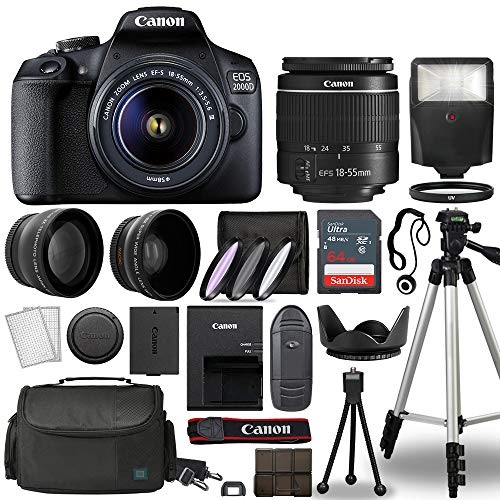 Canon EOS 2000D / Rebel T7 Digital SLR Camera Body w/Canon EF-S 18-55mm f/3.5-5.6 is STM Lens 3 Lens DSLR Kit Bundled with Complete Accessory Bundle + 64GB + Flash + Case & More – International Model