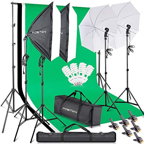 FOSITAN 2.8M x 3M/9.2ft x 9.8ft Photo Backdrop Stand kit Photography Softbox Lighting Kit Photo Lighting Studio kit Background Support System 800W 5500K Umbrella with 2M Stand for Photo Video Shooting